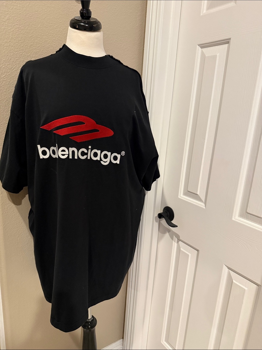 Balenciaga women’s dress Black Logo T-Shirt with Red Accent….